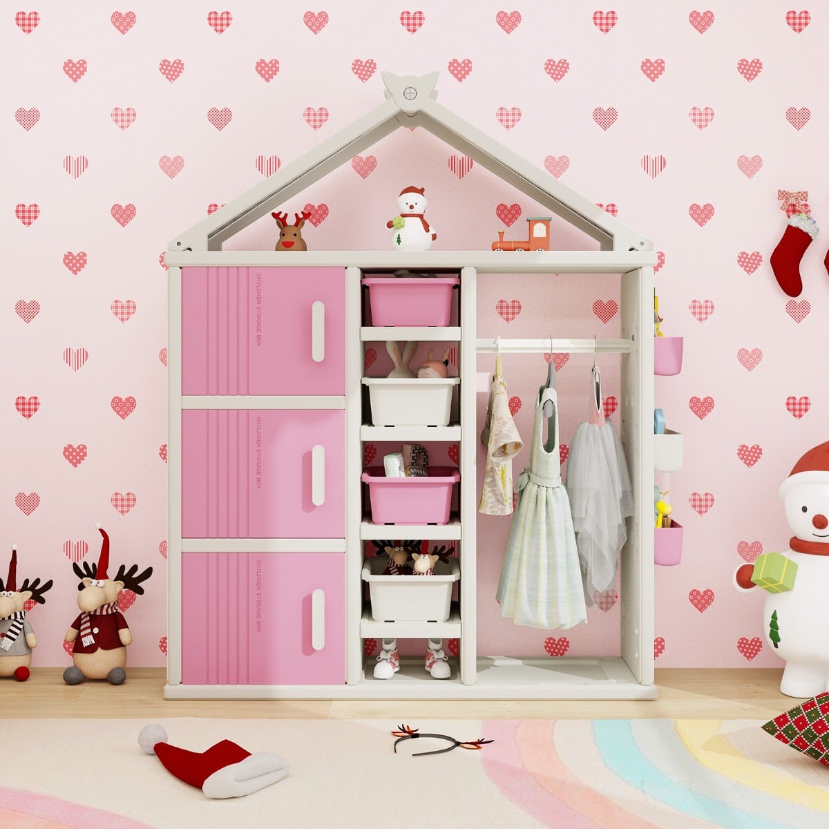 Kids Costume Storage Closet with Storage Bin-Pink