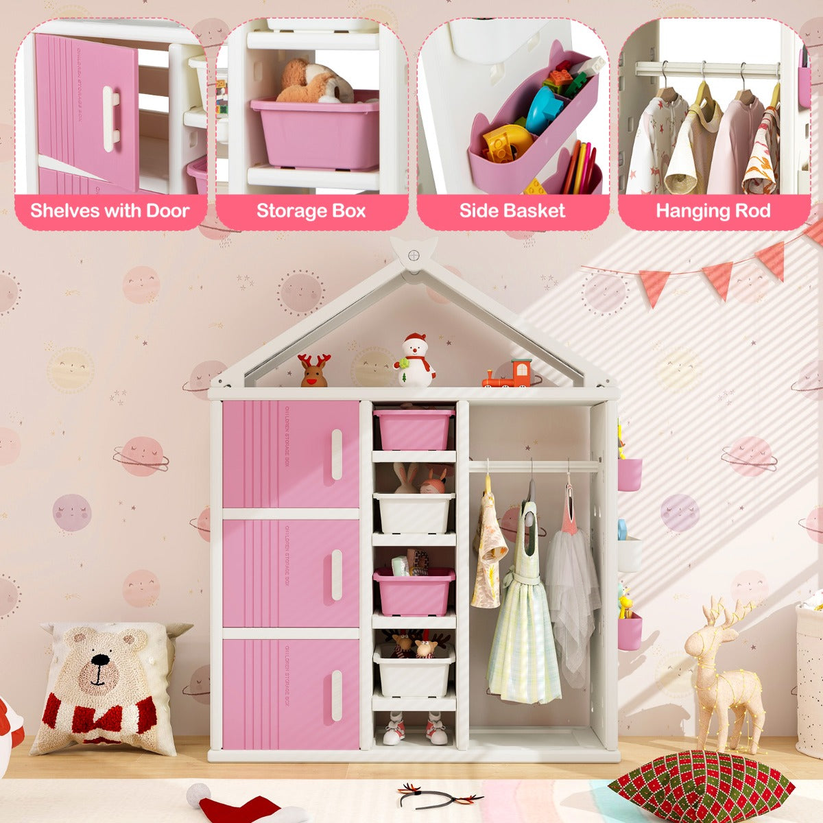 Kids Costume Storage Closet with Storage Bin-Pink