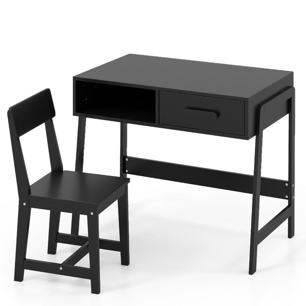 Kids Desk and Chair Set with Drawer and Pine Wood Legs-Black