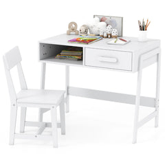 Kids Desk and Chair Set with Drawer and Pine Wood Legs-White