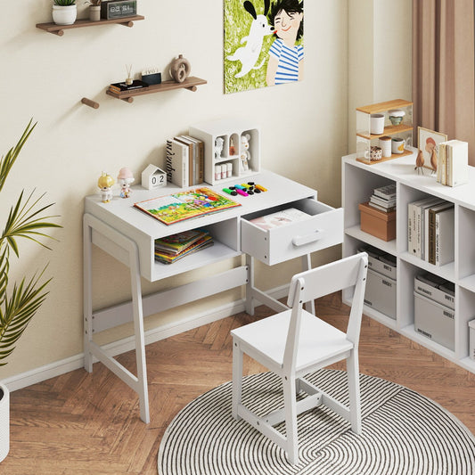Kids Desk and Chair Set with Drawer and Pine Wood Legs-White
