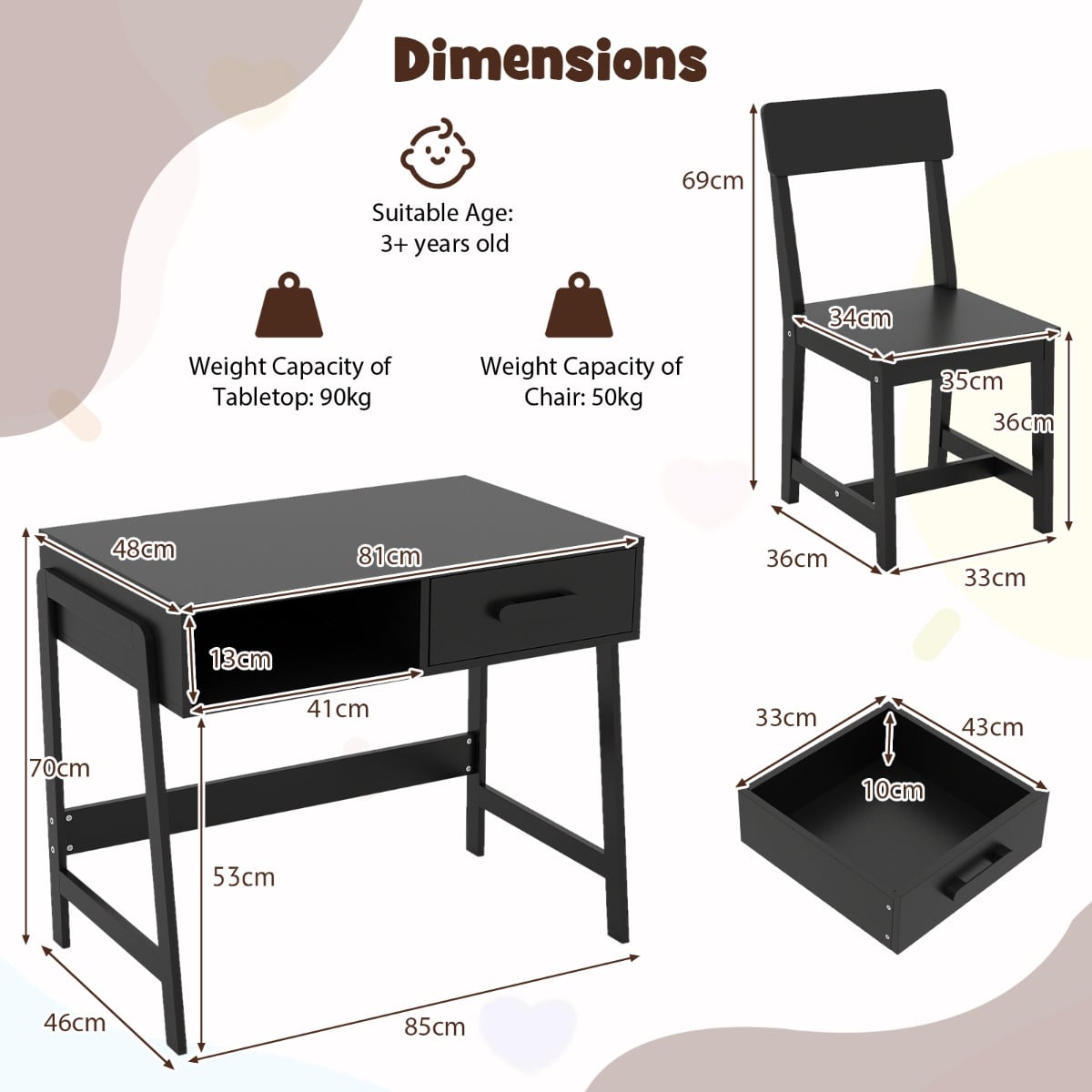 Kids Desk and Chair Set with Drawer and Pine Wood Legs-Black