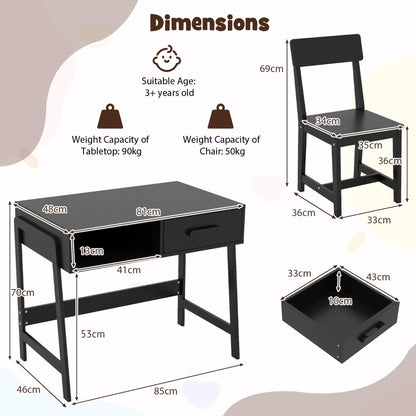 Kids Desk and Chair Set with Drawer and Pine Wood Legs-Black