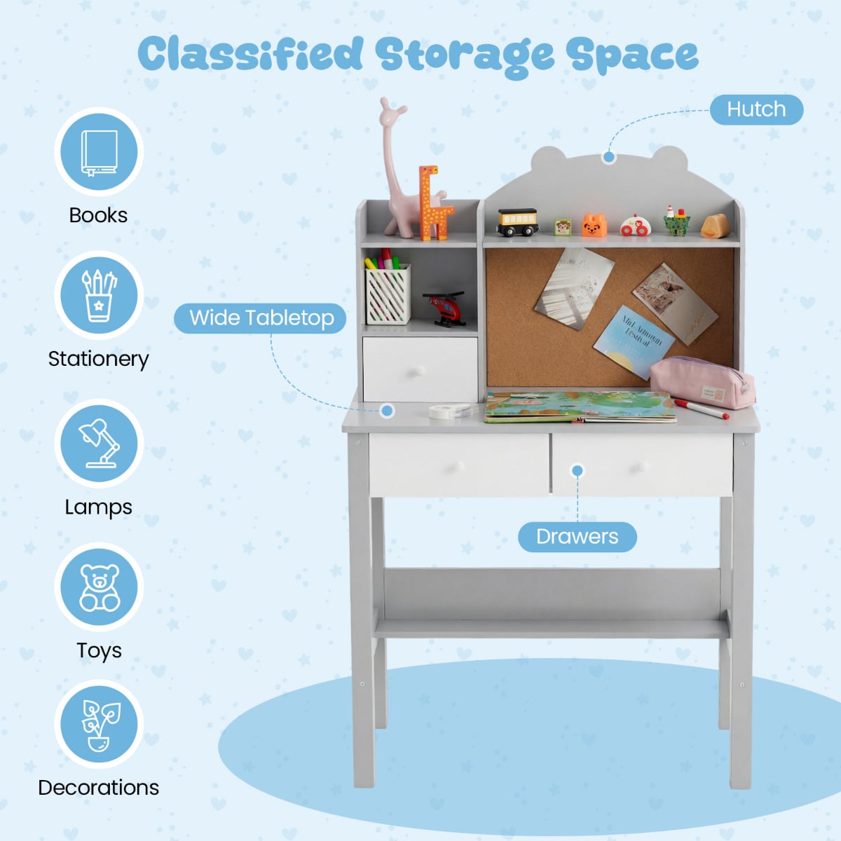Wooden Kids Study Desk and Chair Set for Kids 3+-Grey
