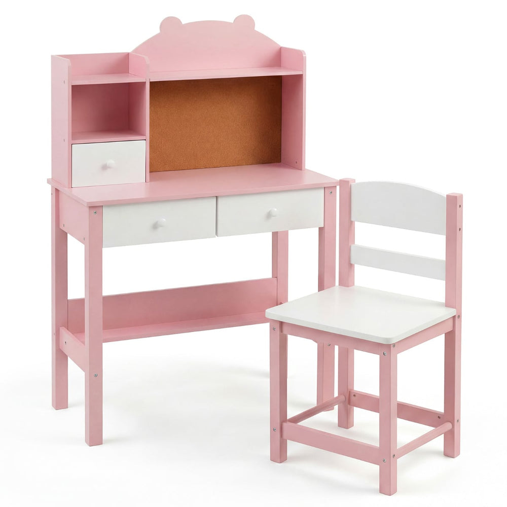 Wooden Kids Study Desk and Chair Set for Kids 3+-Pink & White