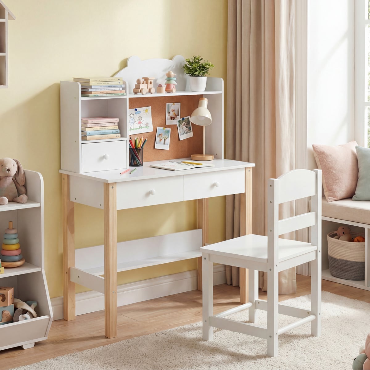 Wooden Kids Study Desk and Chair Set for Kids 3+-White