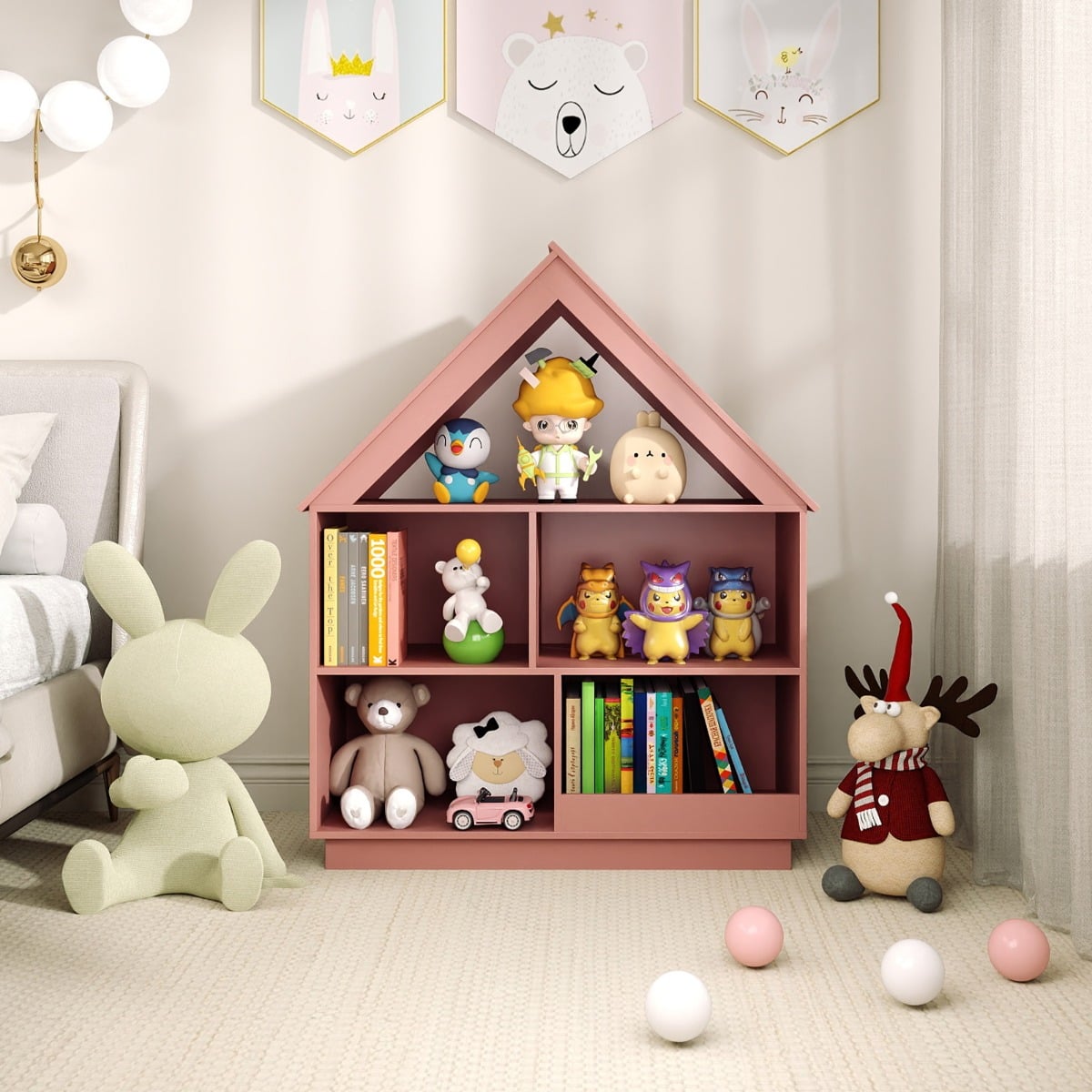 Kids Dollhouse Bookshelf with Anti-toppling Devices and 3-Tier Open Display Shelf for Toddlers-Pink