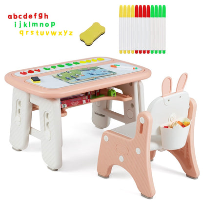 Kids Drawing Table and Chair Set with Flip-Top Tabletop Bookshelf-Pink