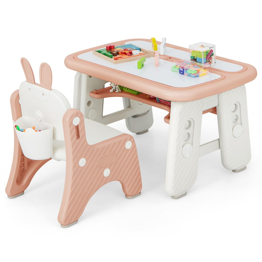 Kids Drawing Table and Chair Set with Flip-Top Tabletop Bookshelf-Pink