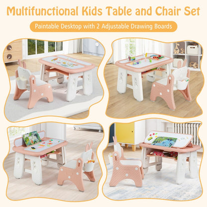 Kids Drawing Table and Chair Set with Flip-Top Tabletop Bookshelf-Pink
