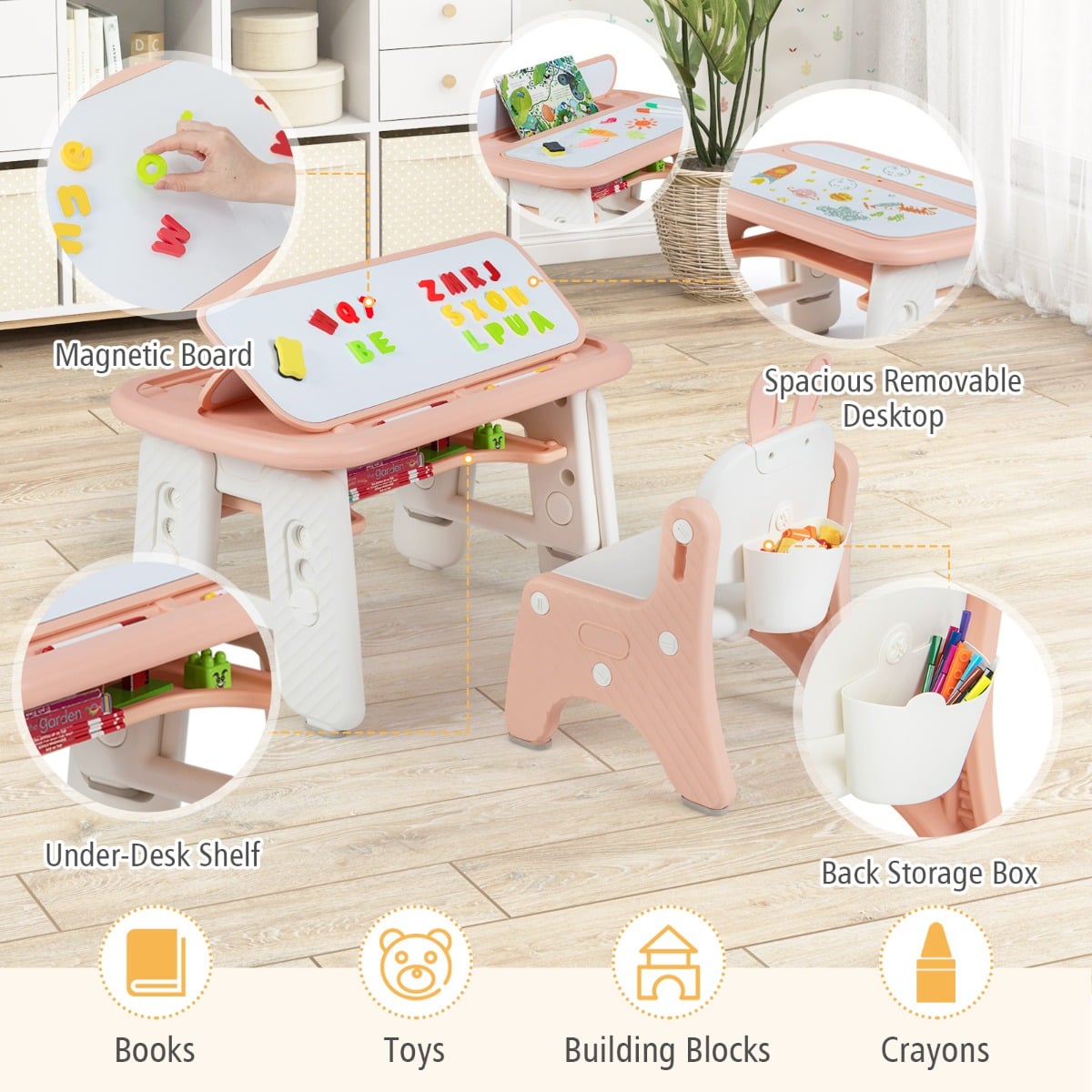 Kids Drawing Table and Chair Set with Flip-Top Tabletop Bookshelf-Pink