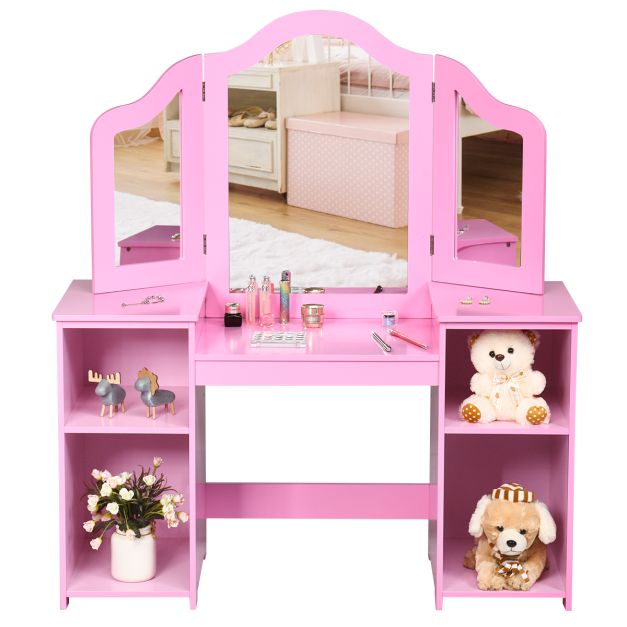 Kids Tri Folding Mirror Makeup Dressing Vanity Table Set-Pink