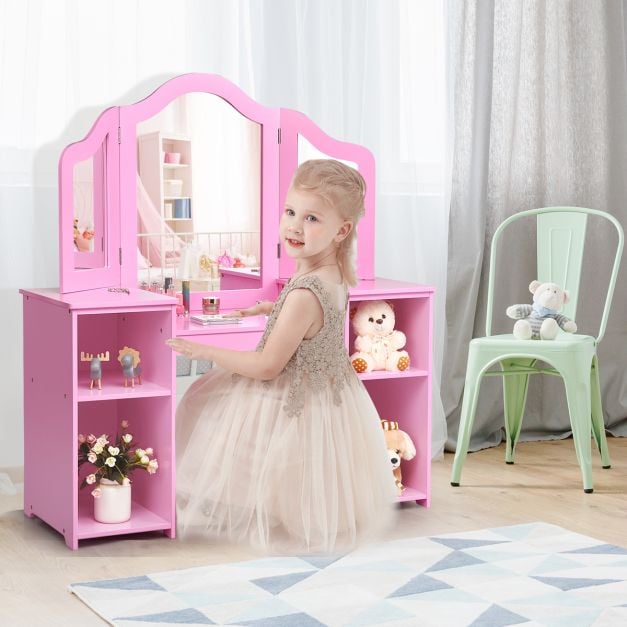 Kids Tri Folding Mirror Makeup Dressing Vanity Table Set-Pink