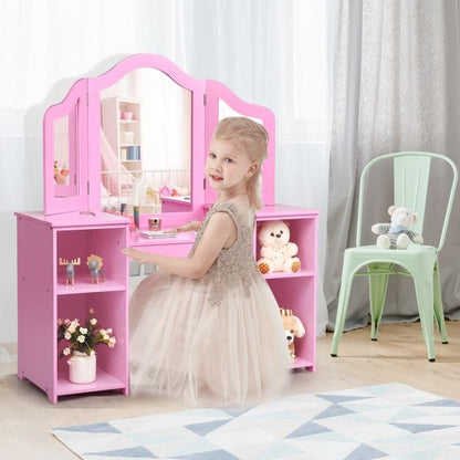 Kids Tri Folding Mirror Makeup Dressing Vanity Table Set-Pink