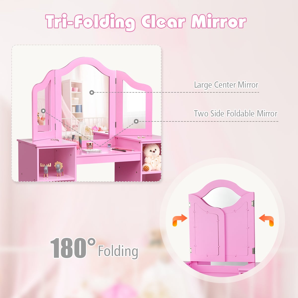 Kids Dressing Table with Foldable and Removable Mirror and Storage Shelf-Pink