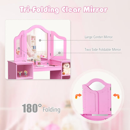Kids Dressing Table with Foldable and Removable Mirror and Storage Shelf-Pink