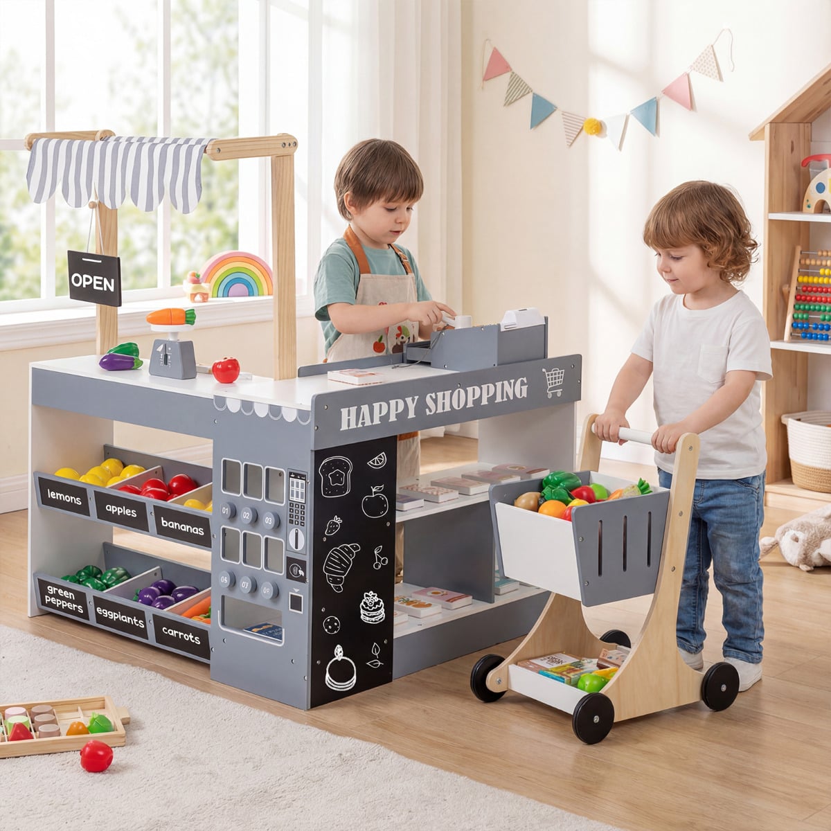 Grocery Wooden Pretend Play Supermarket with Shopping Cart-Gray & White