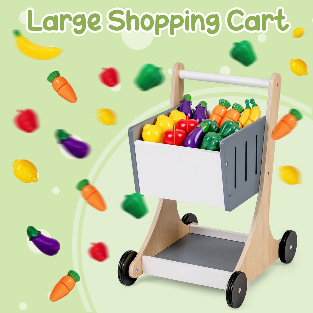Grocery Wooden Pretend Play Supermarket with Shopping Cart-Gray & White