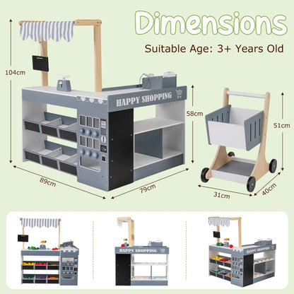 Grocery Wooden Pretend Play Supermarket with Shopping Cart-Gray & White