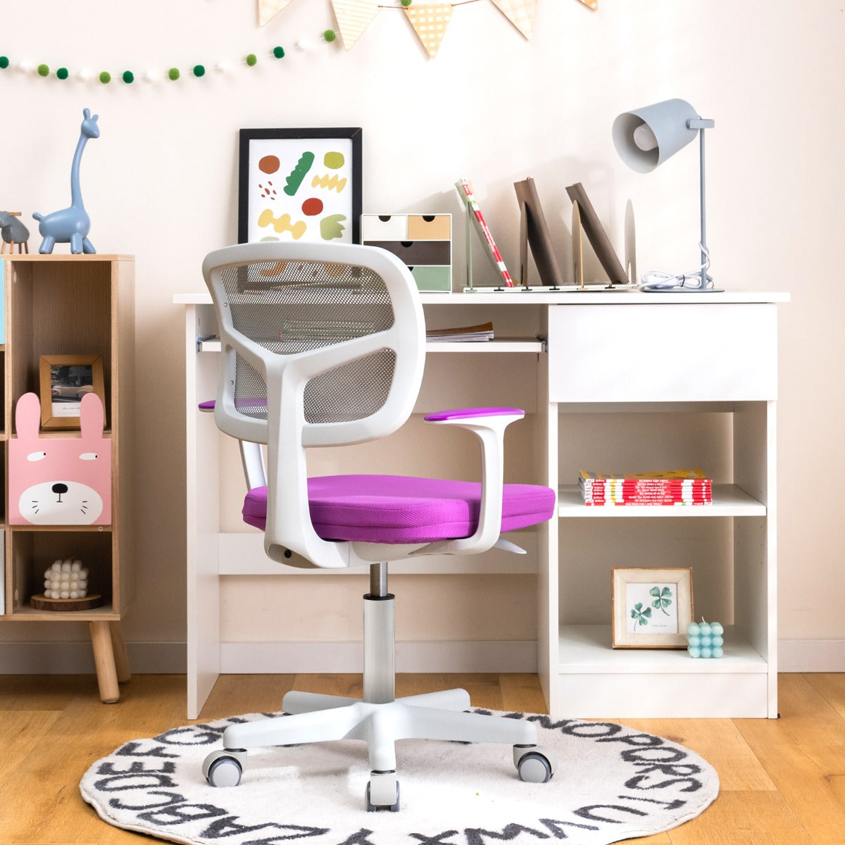 Kids Height-Adjustable Swivel Computer Desk Chair with Lumbar Support-Purple
