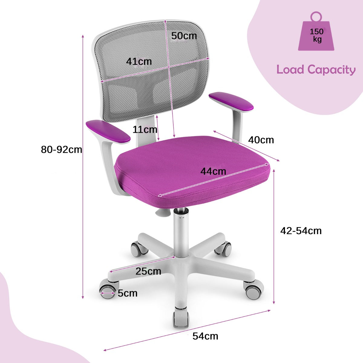 Kids Height-Adjustable Swivel Computer Desk Chair with Lumbar Support-Purple