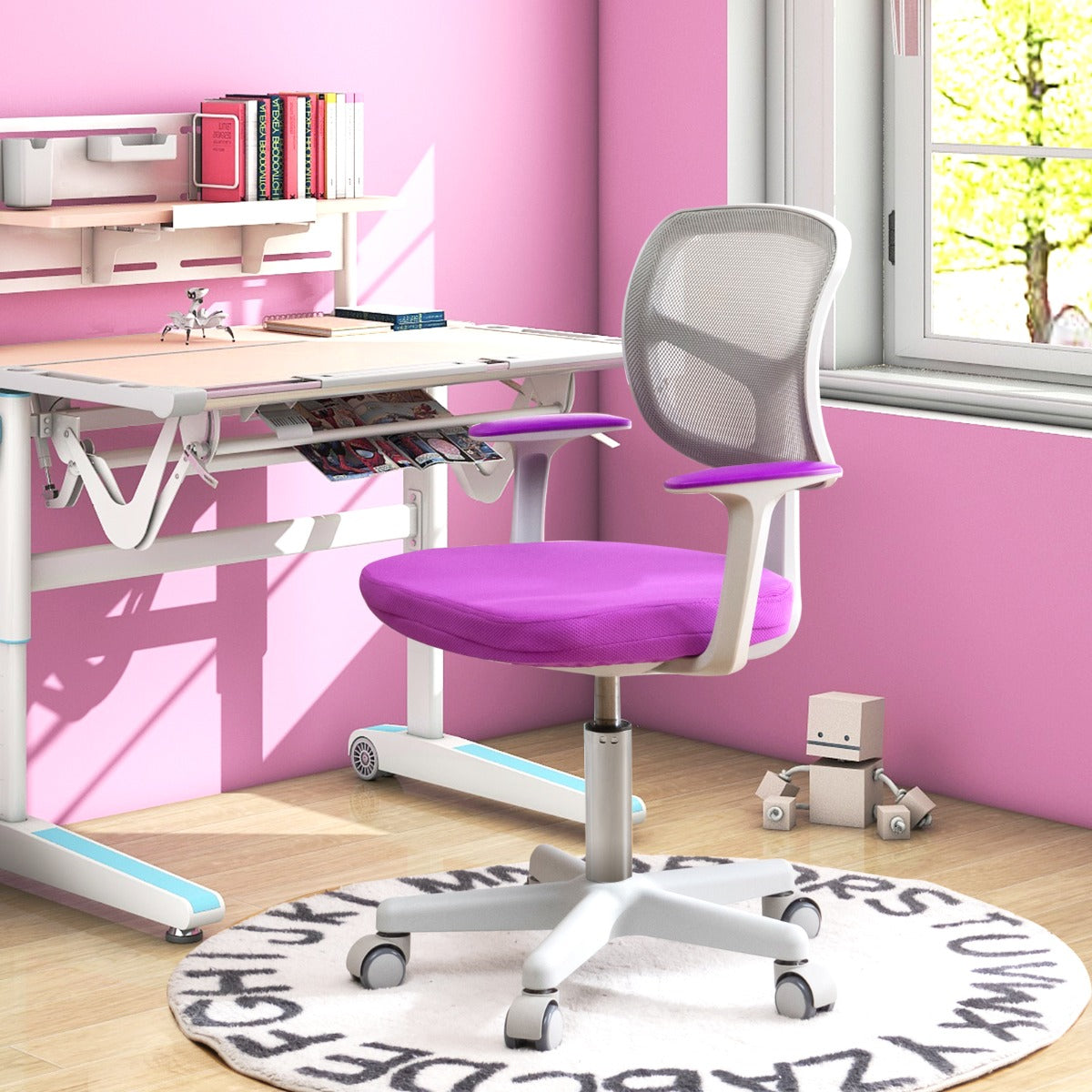 Kids Height-Adjustable Swivel Computer Desk Chair with Lumbar Support-Purple