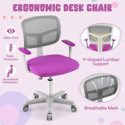 Kids Height-Adjustable Swivel Computer Desk Chair with Lumbar Support-Purple