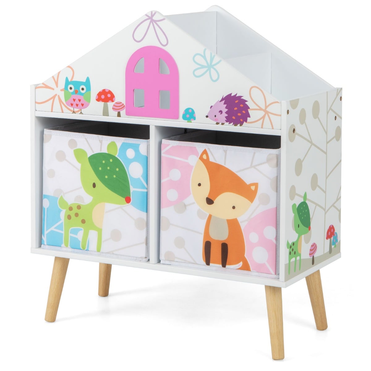 Kids House-shaped Bookshelf with 2 Storage Bins and Elevated Solid Wood Legs-White