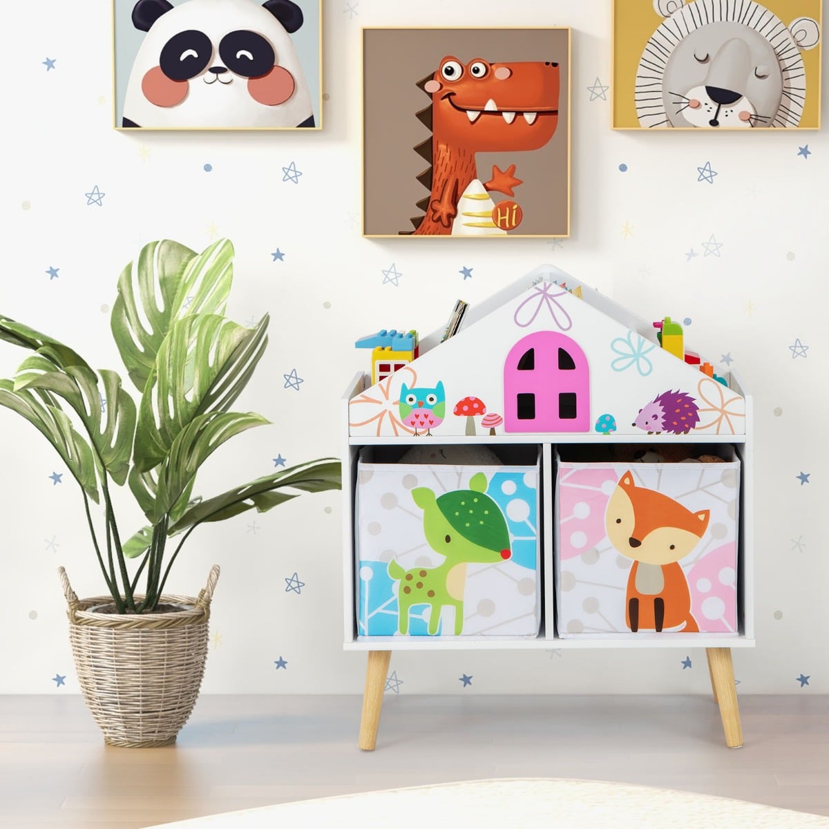 Kids House-shaped Bookshelf with 2 Storage Bins and Elevated Solid Wood Legs-White