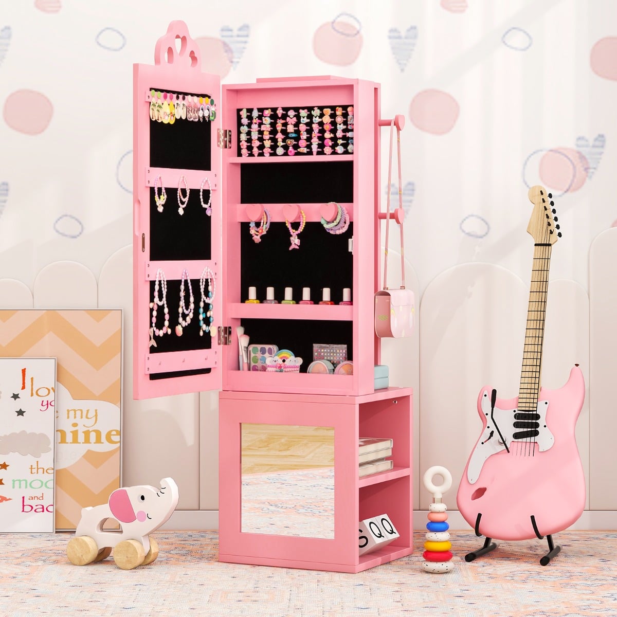 Kids Jewelry Armoire Full Length Mirror with Coat Rack and Storage Shelves-Pink