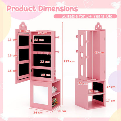 Kids Jewelry Armoire Full Length Mirror with Coat Rack and Storage Shelves-Pink