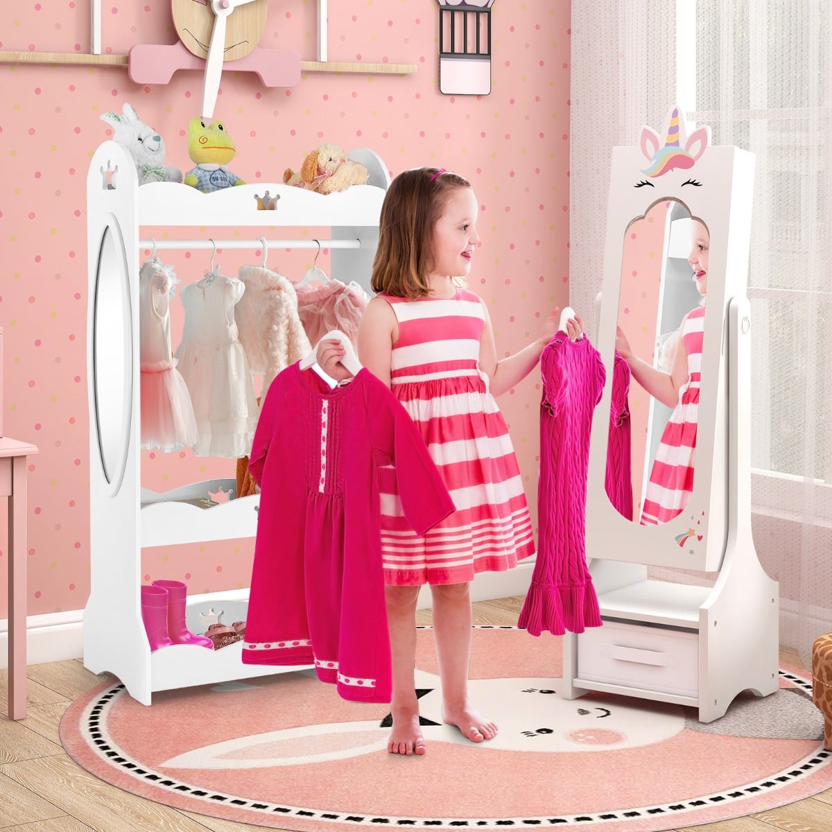 Kids Jewelry Cabinet with Full-Length Mirror and Foldable Drawer-White