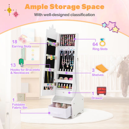 Kids Jewelry Cabinet with Full-Length Mirror and Foldable Drawer-White