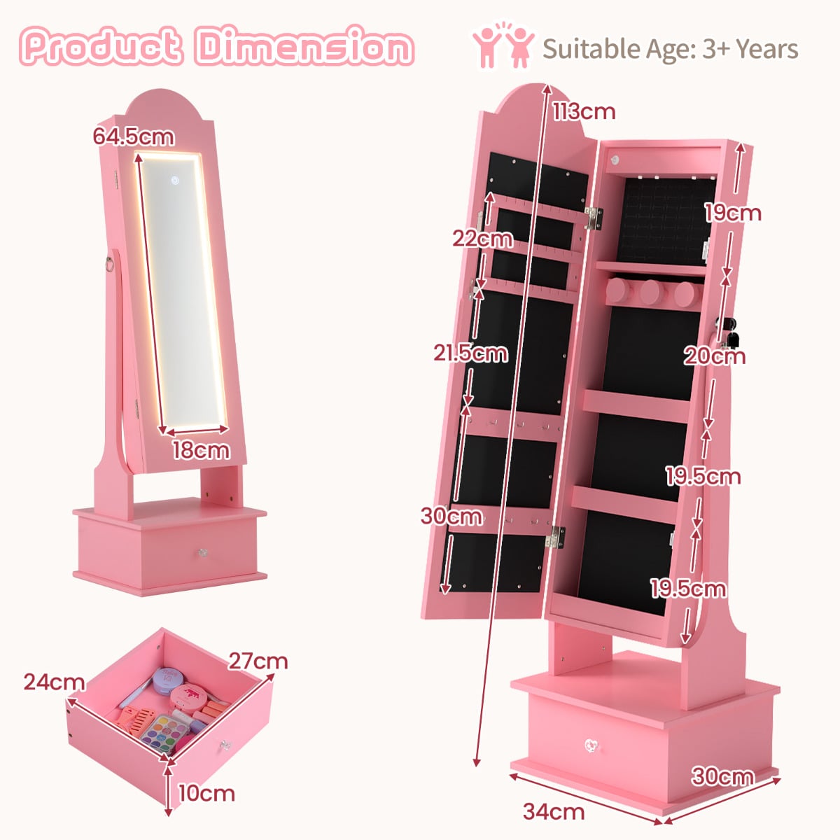 Kids Jewelry Cabinet Children Jewelry Organizer with Lights-Pink