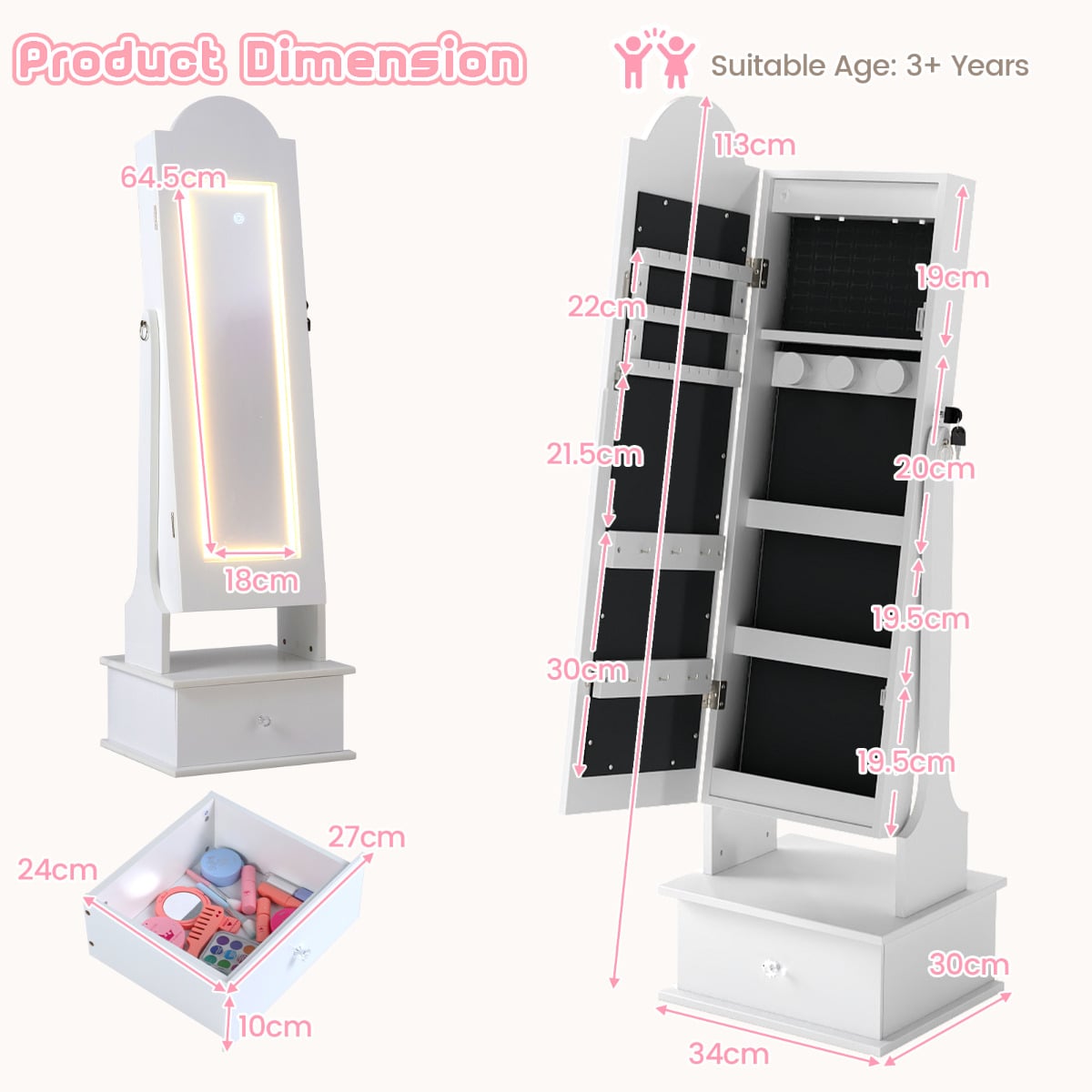 Kids Jewelry Cabinet Children Jewelry Organizer with Lights-White