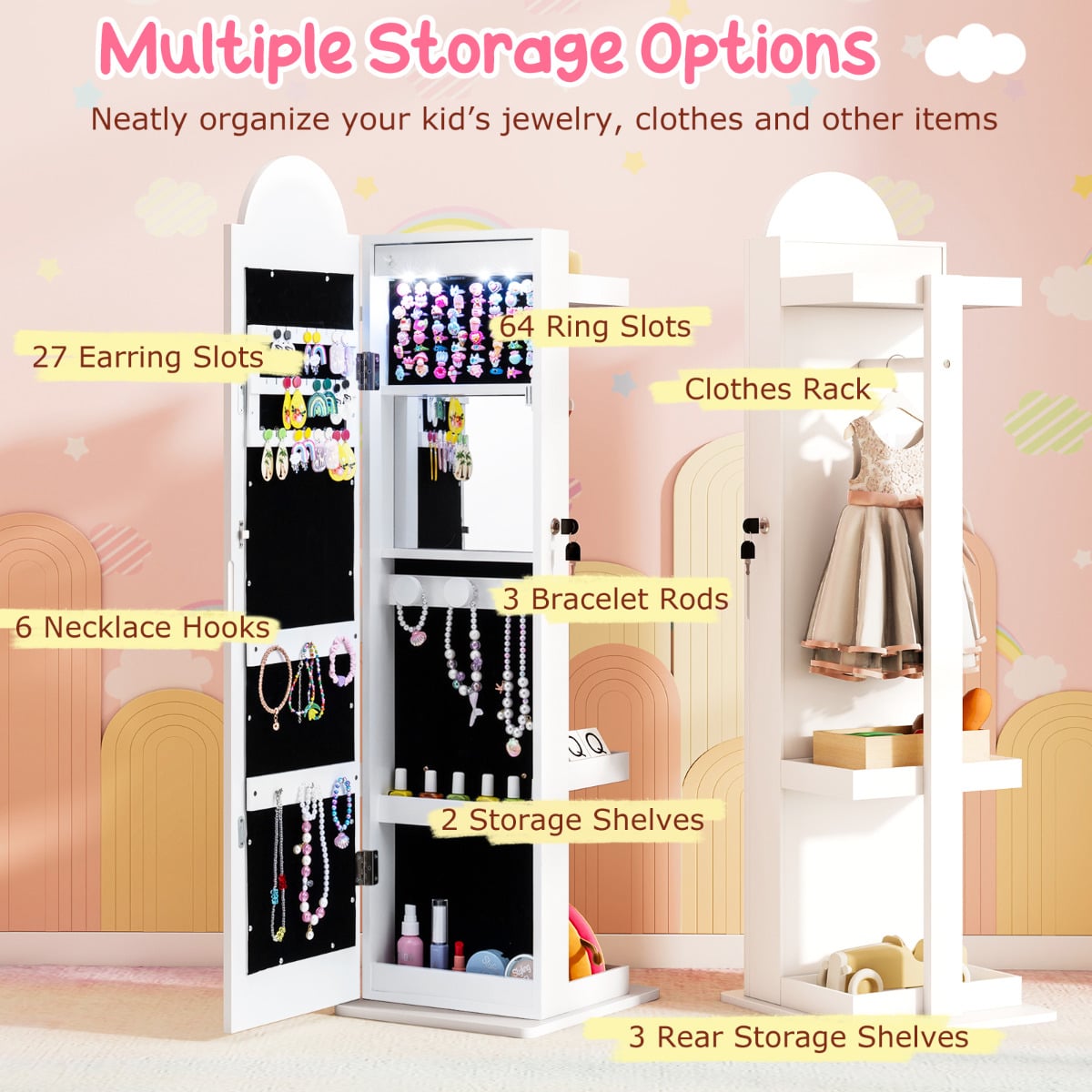 Kids Jewelry Cabinet Standing Children Jewelry Organizer-White