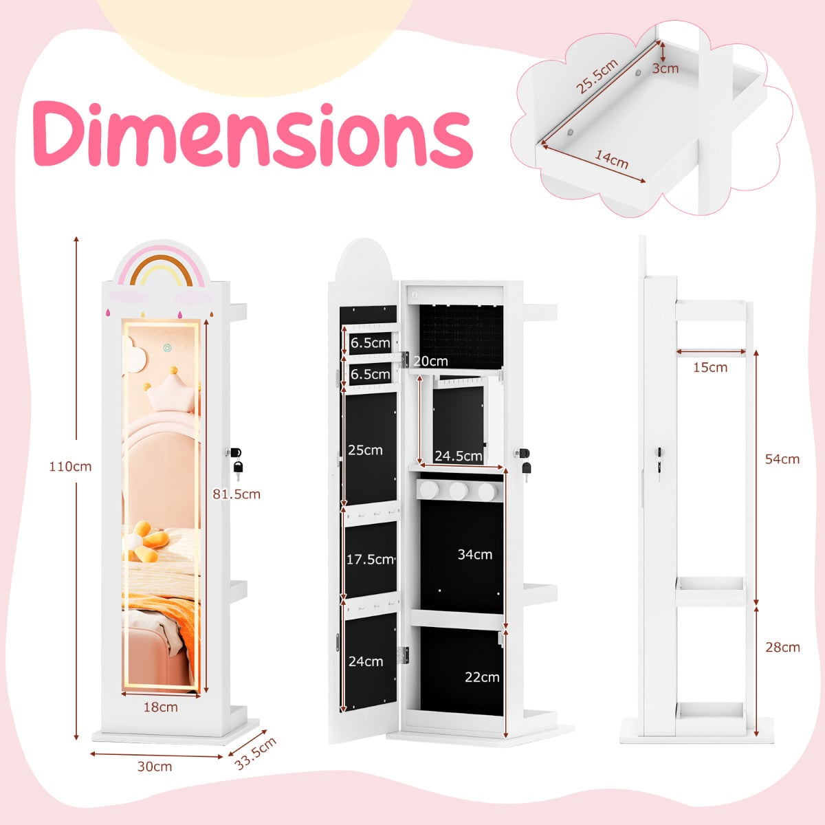 Kids Jewelry Cabinet Standing Children Jewelry Organizer-White