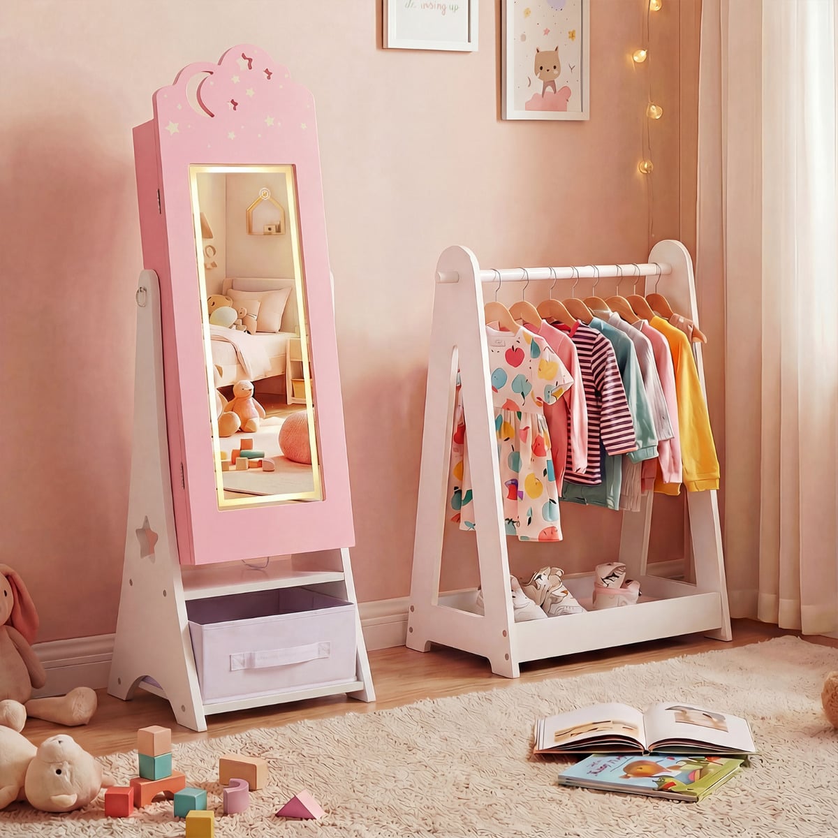 Kids Jewelry Cabinet with Sensor Lights and Full-Length Mirror-Pink
