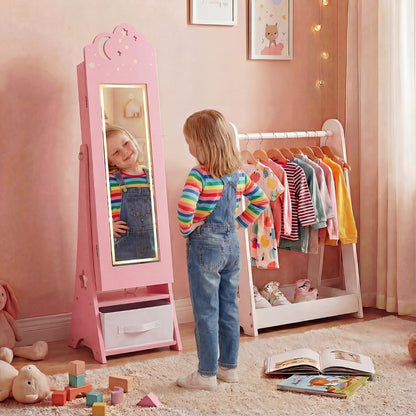 Kids Jewelry Cabinet with Sensor Lights and Full-Length Mirror-Pink