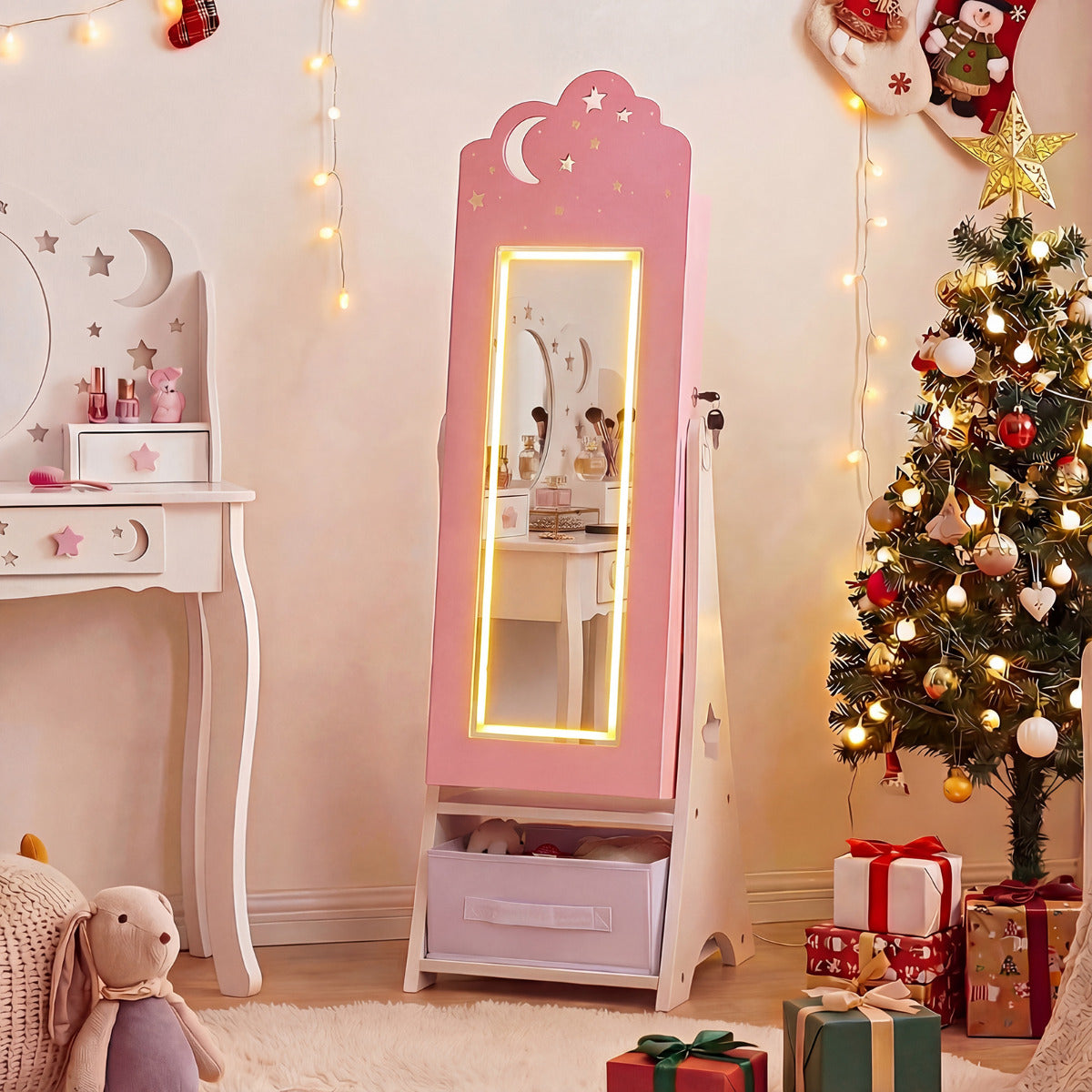 Kids Jewelry Cabinet with Sensor Lights and Full-Length Mirror-Pink