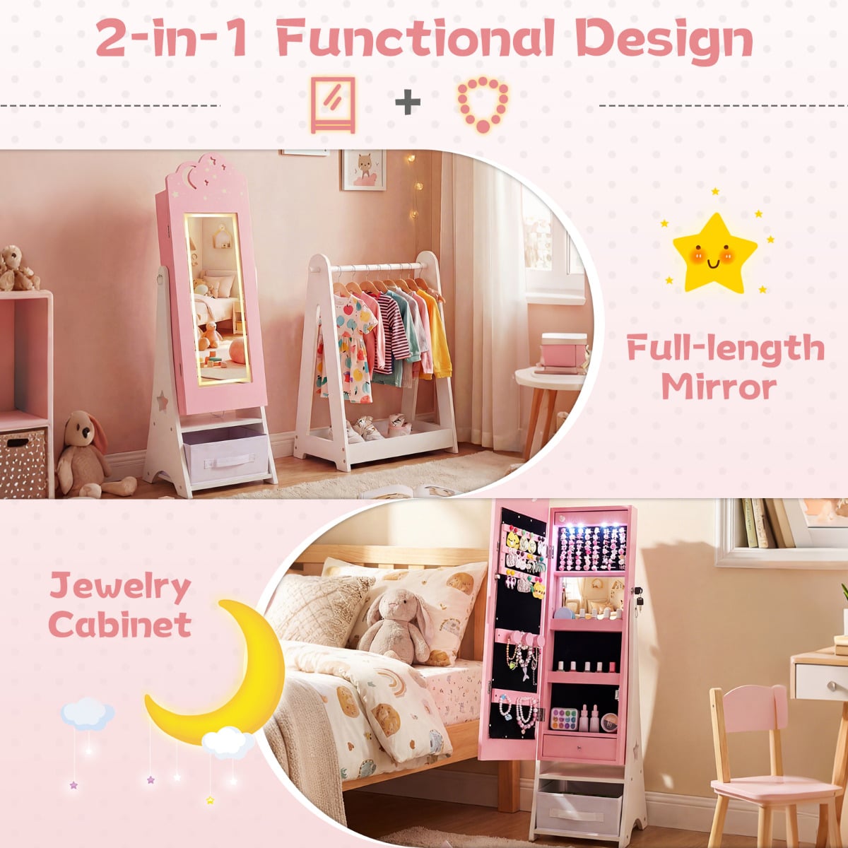 Kids Jewelry Cabinet with Sensor Lights and Full-Length Mirror-Pink
