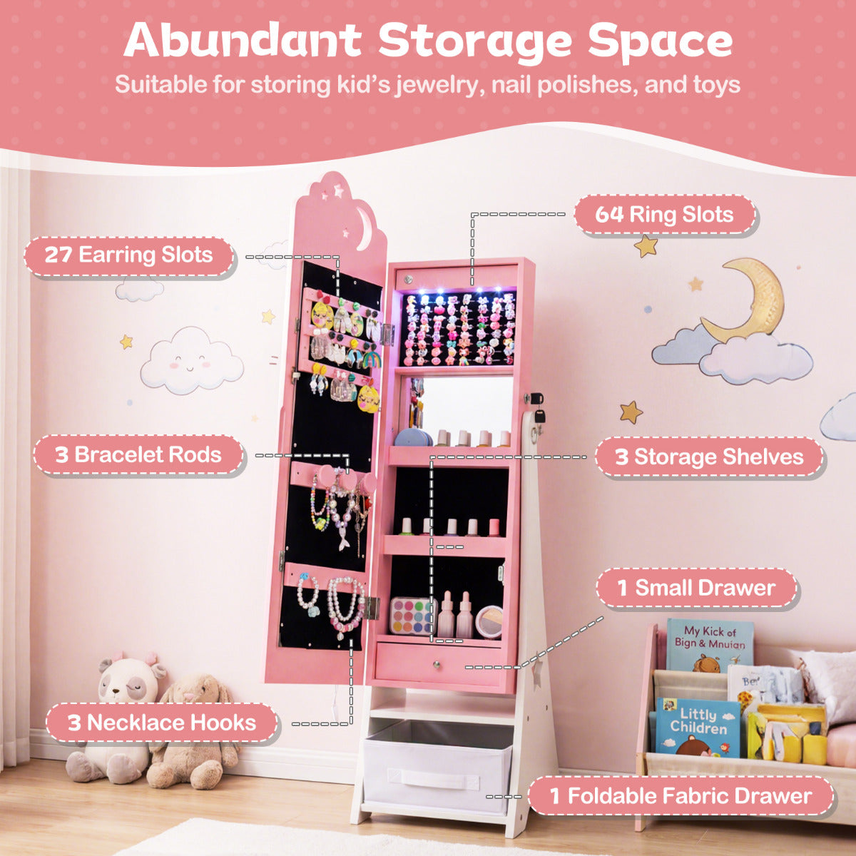 Kids Jewelry Cabinet with Sensor Lights and Full-Length Mirror-Pink