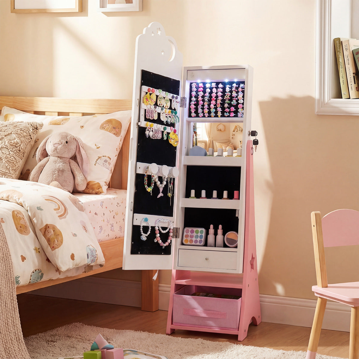 Kids Jewelry Cabinet with Sensor Lights and Full-Length Mirror-White