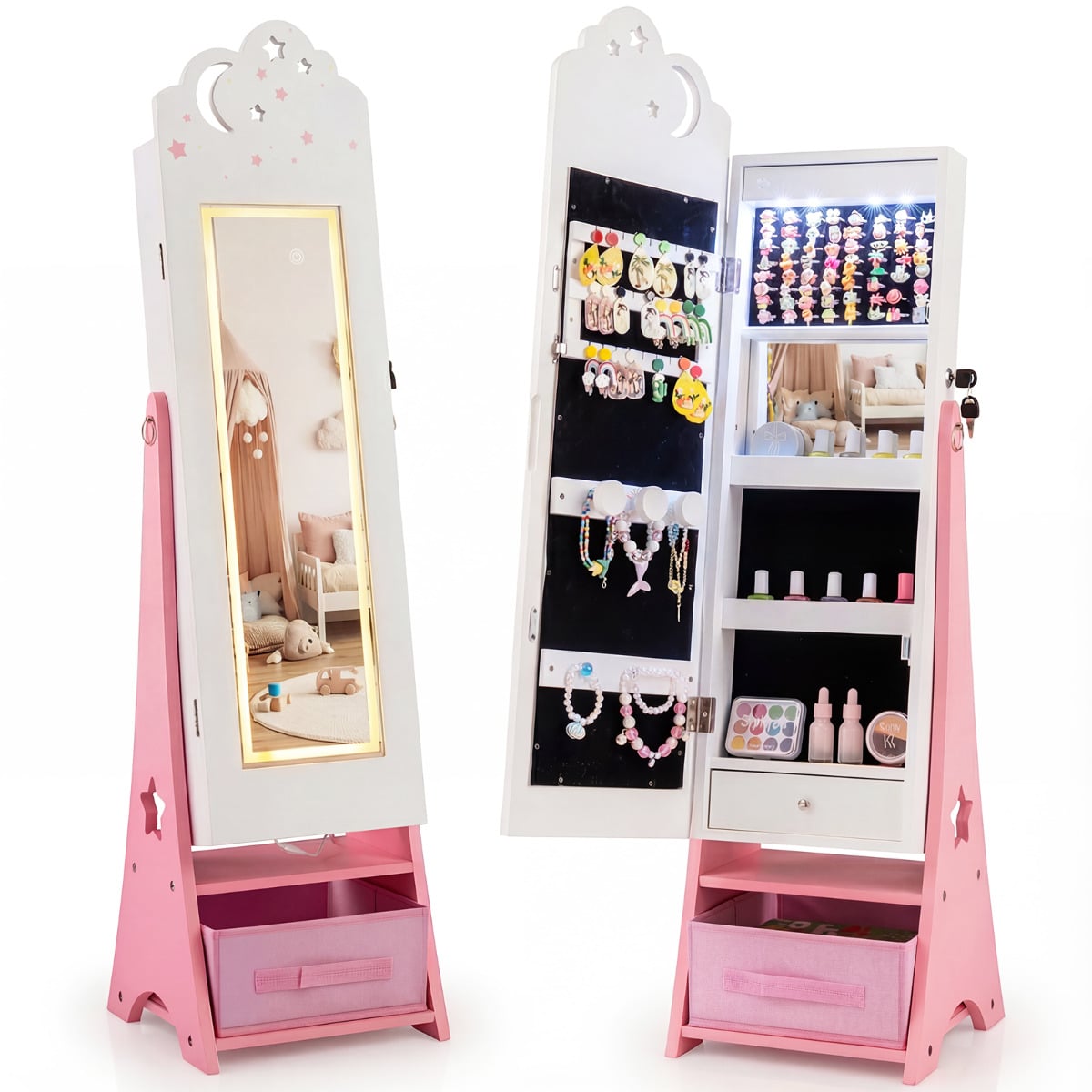 Kids Jewelry Cabinet with Sensor Lights and Full-Length Mirror-White