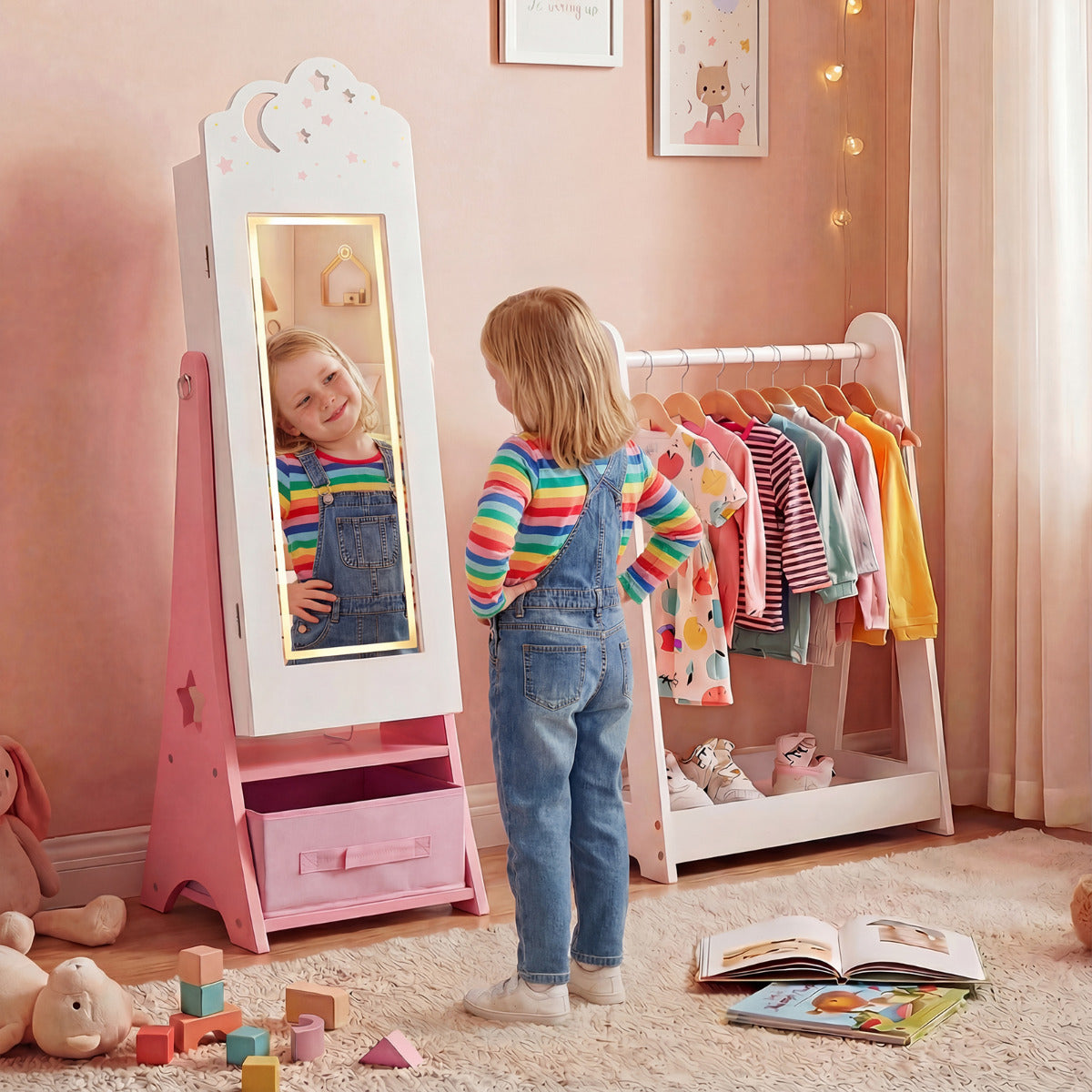 Kids Jewelry Cabinet with Sensor Lights and Full-Length Mirror-White