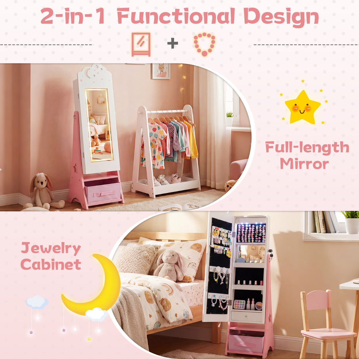 Kids Jewelry Cabinet with Sensor Lights and Full-Length Mirror-White