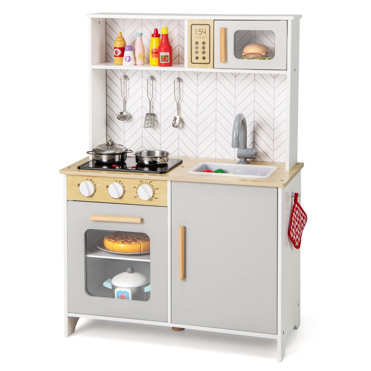 Kids Kitchen Playset with Lights and Sounds Stove Oven Sink Faucet Microwave-White