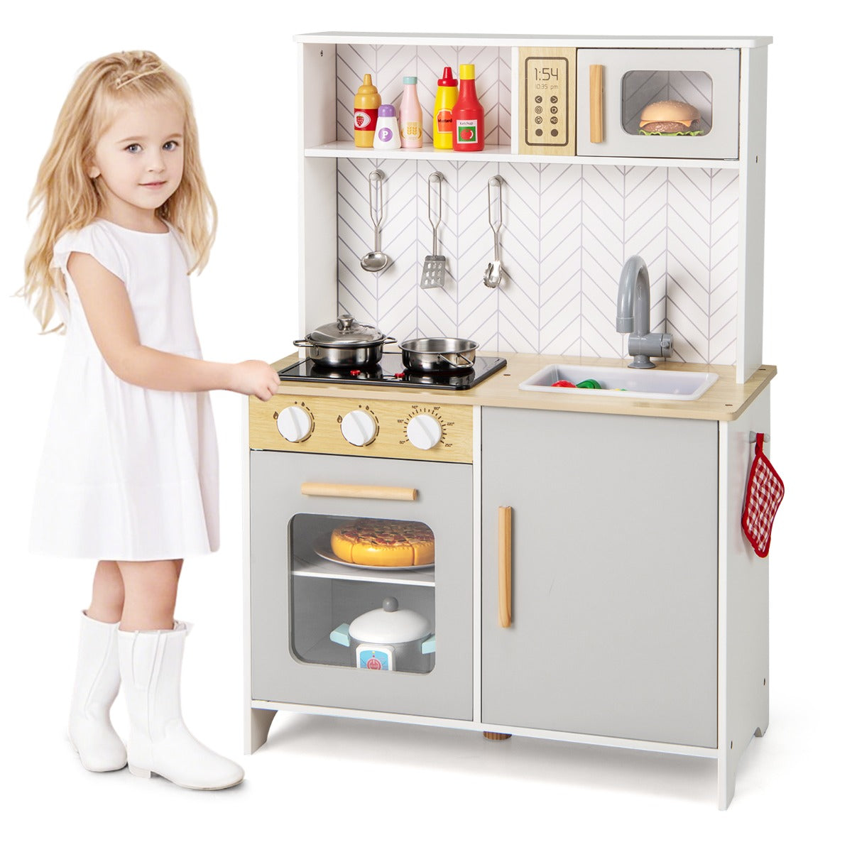 Kids Kitchen Playset with Lights and Sounds Stove Oven Sink Faucet Microwave-White