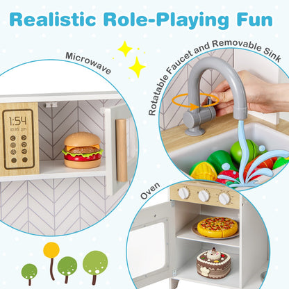 Kids Kitchen Playset with Lights and Sounds Stove Oven Sink Faucet Microwave-White