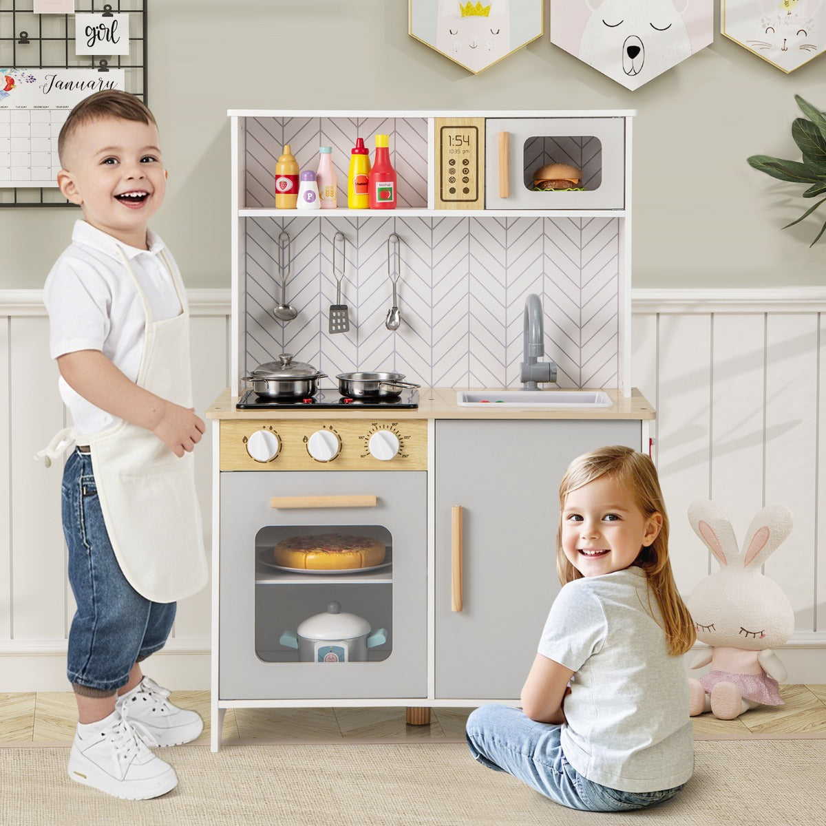 Kids Kitchen Playset with Lights and Sounds Stove Oven Sink Faucet Microwave-White